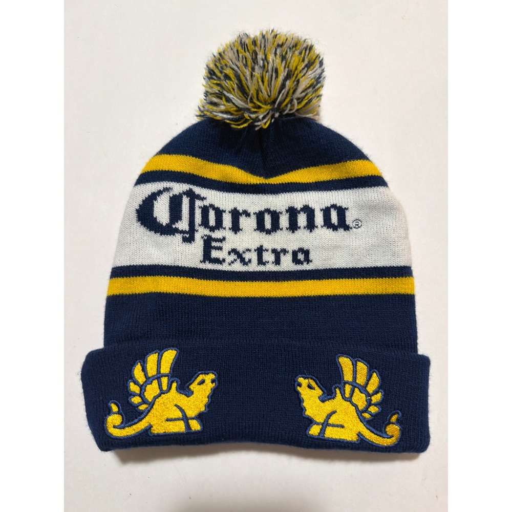 Corona Extra Beer Knit Beanie Hat Navy Blue Yellow Pom Pom Griffin Logo Cuffed